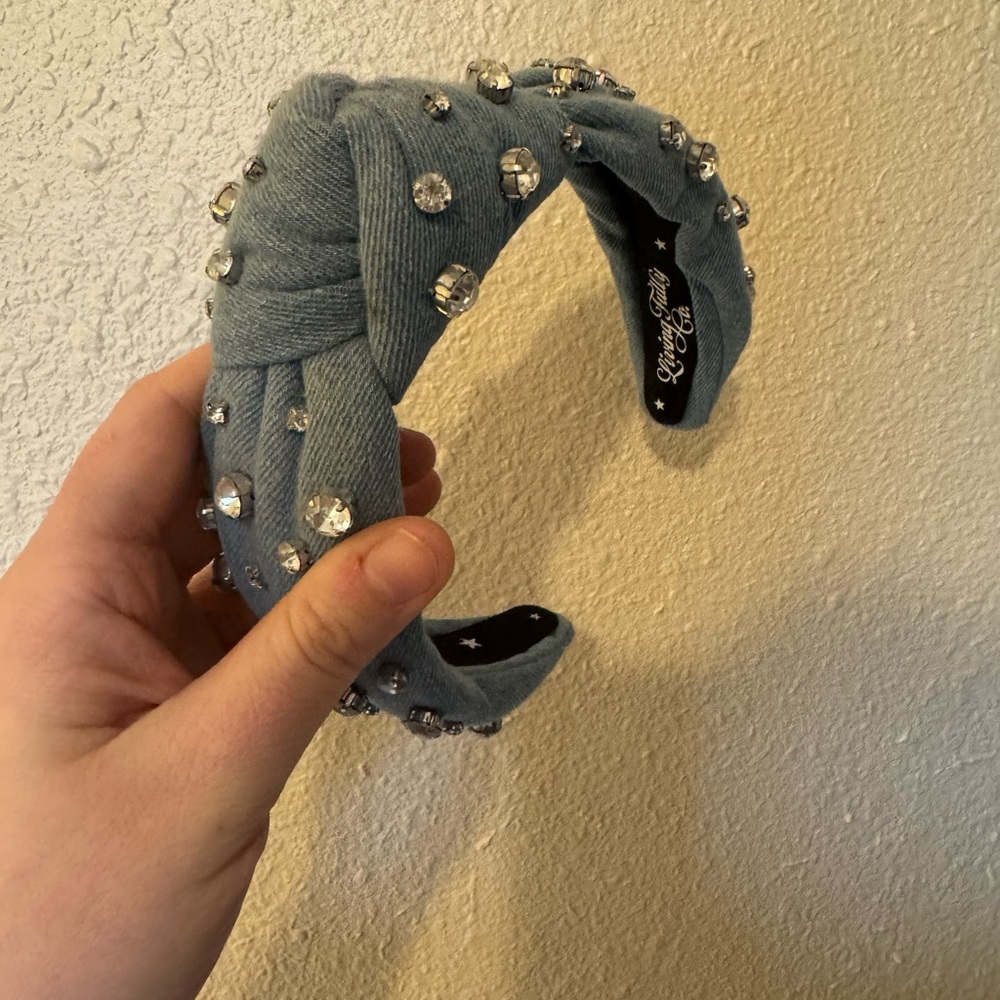 Embellished Knotted Headband with Crystal Accents - Light Blue